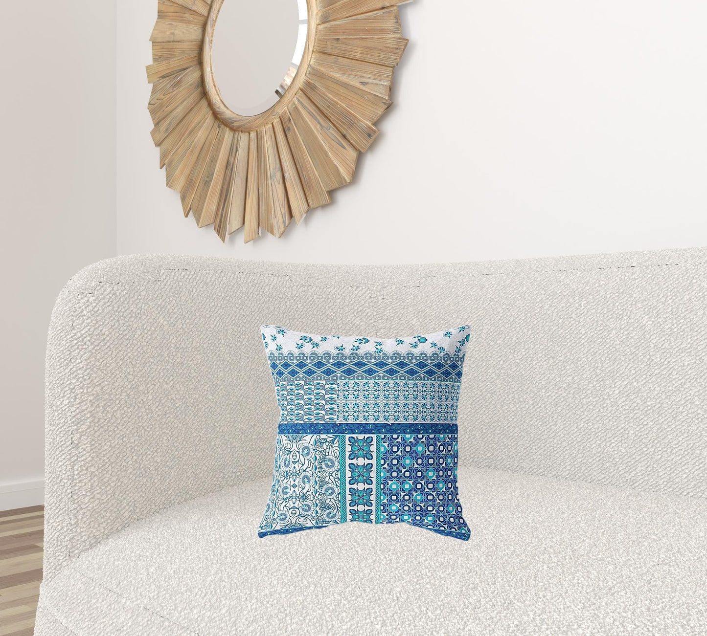 16” Blue White Patch Blown & Closed Suede Throw Pillow