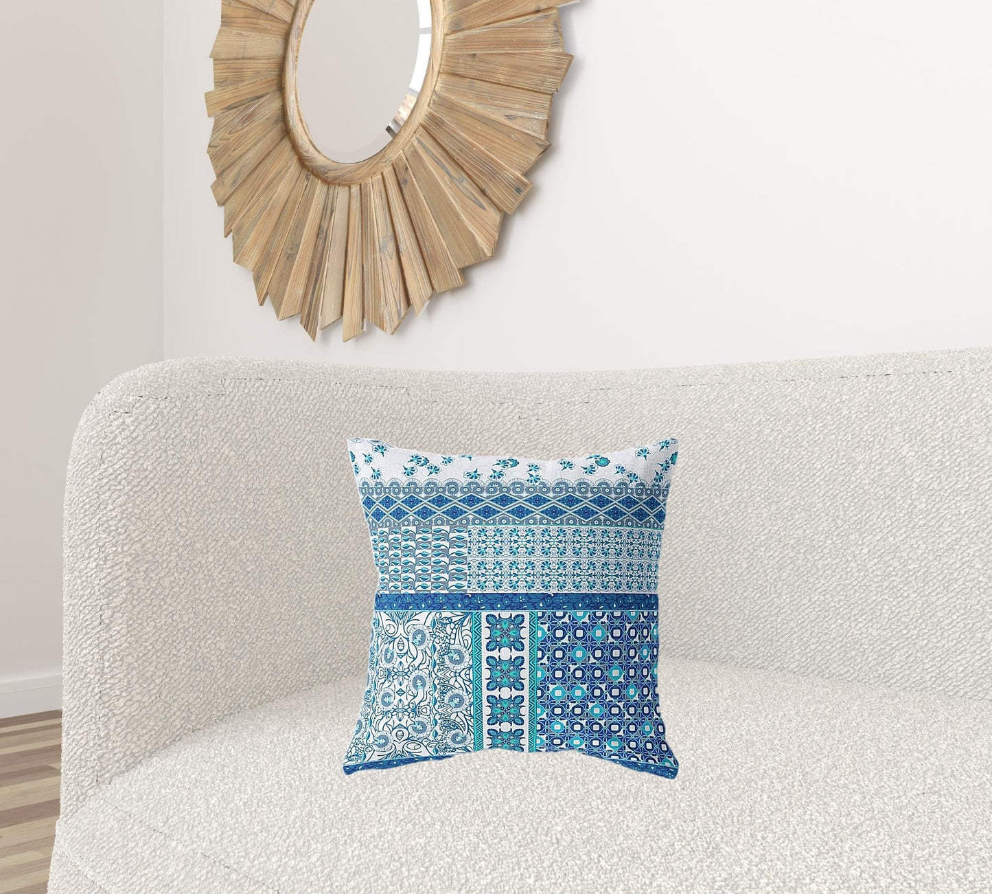 18” Blue White Patch Blown & Closed Suede Throw Pillow
