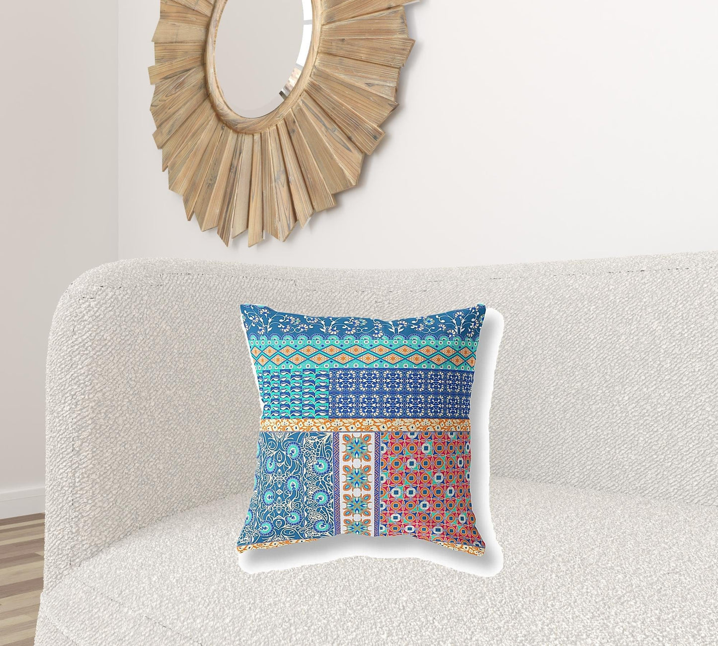 18” Blue Orange Patch Blown & Closed Suede Throw Pillow