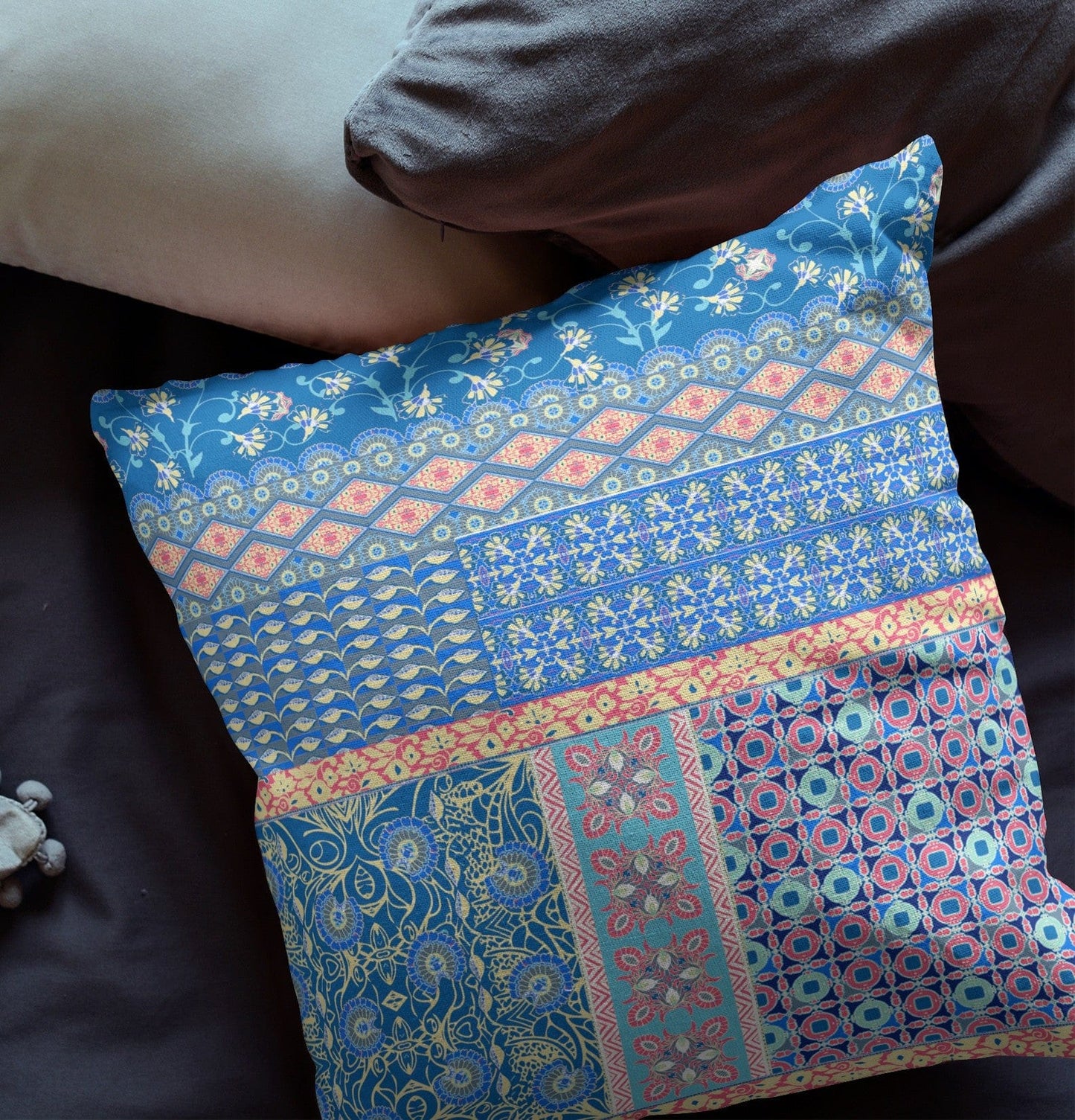 18” Blue Yellow Patch Blown & Closed Suede Throw Pillow