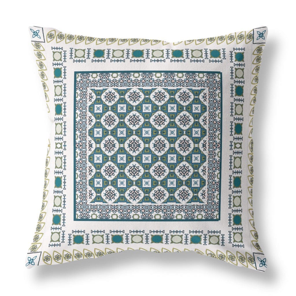 16" X 16" White And Green Floral Blown Seam Suede Throw Pillow