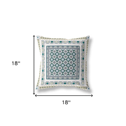 18" X 18" White And Green Floral Blown Seam Suede Throw Pillow