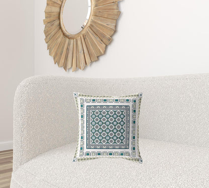 18" X 18" White And Green Floral Blown Seam Suede Throw Pillow