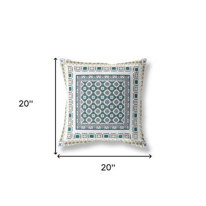 18" X 18" White And Green Floral Blown Seam Suede Throw Pillow