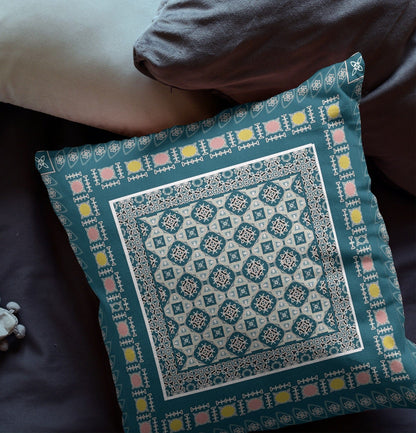 16" X 16" Blue And Beige Floral Blown Seam Suede Throw Pillow