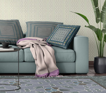 16" X 16" Blue And Beige Floral Blown Seam Suede Throw Pillow