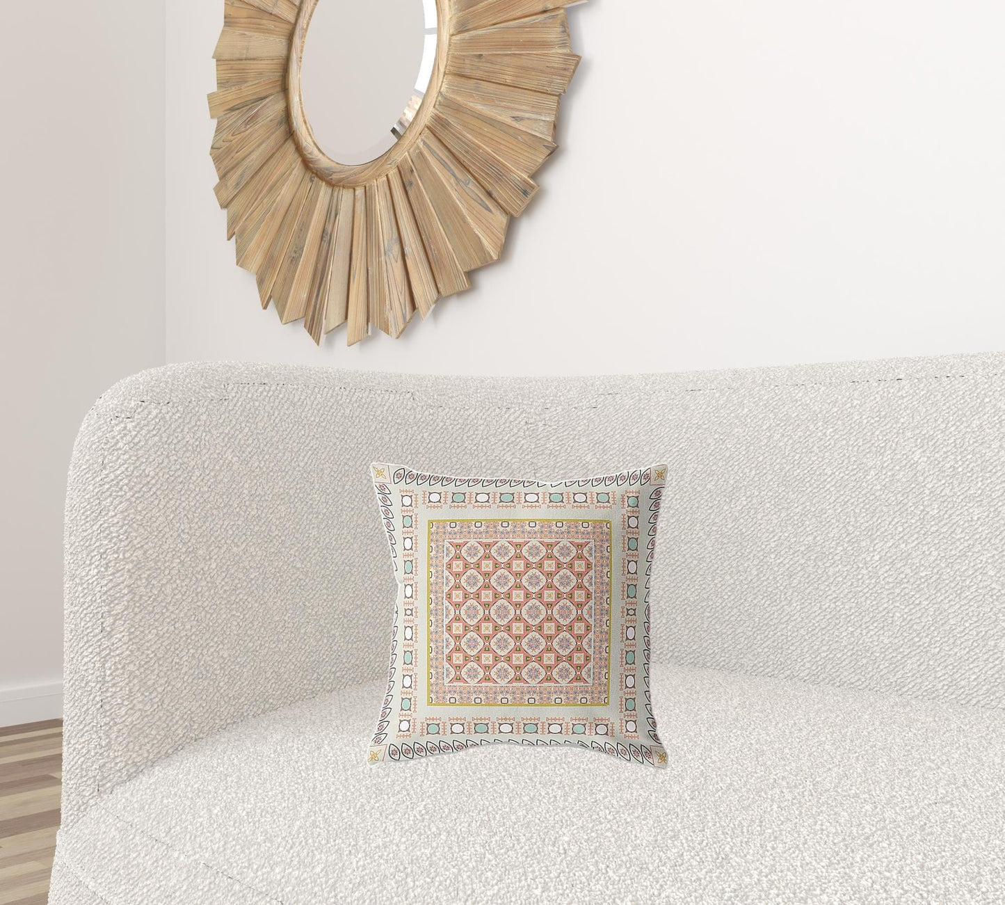 16" X 16" Off White And Orange Floral Blown Seam Suede Throw Pillow