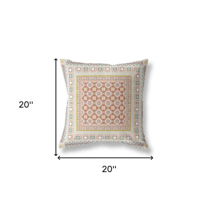 18" X 18" Off White And Orange Floral Blown Seam Suede Throw Pillow