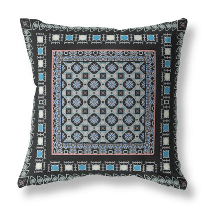 16" X 16" Black And Blue Floral Blown Seam Suede Throw Pillow