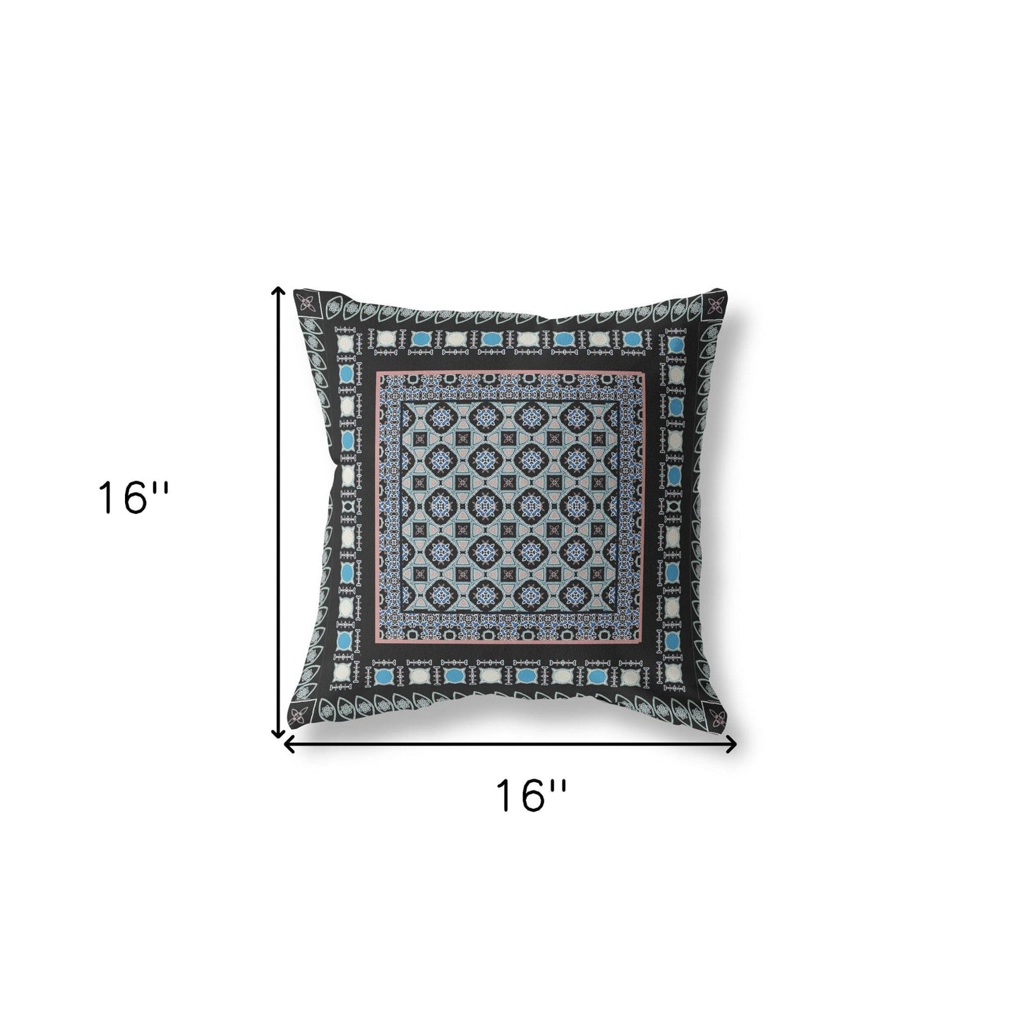 16" X 16" Black And Blue Floral Blown Seam Suede Throw Pillow