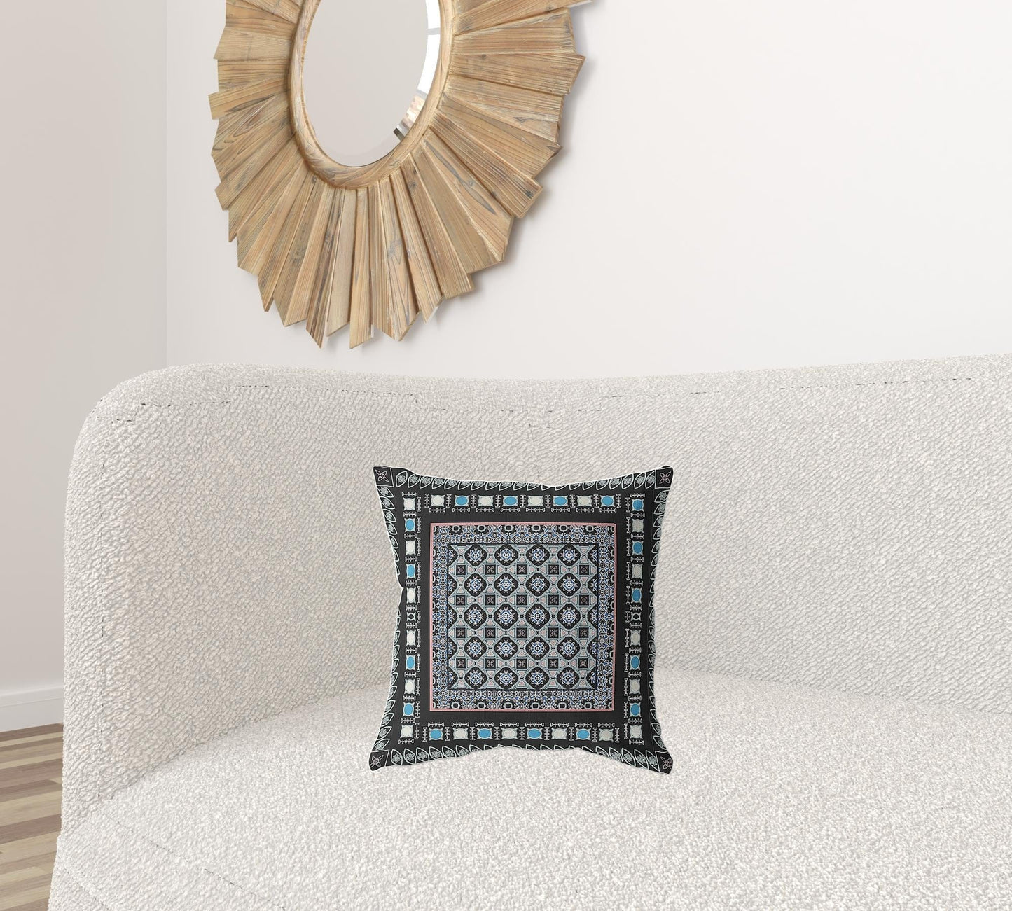 16" X 16" Black And Blue Floral Blown Seam Suede Throw Pillow