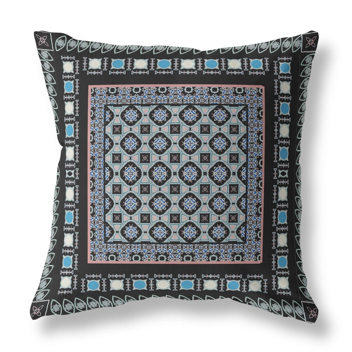 18" X 18" Black And Blue Floral Blown Seam Suede Throw Pillow