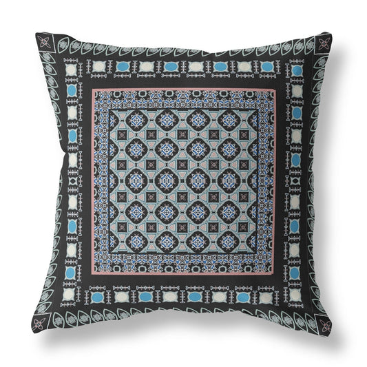 18" X 18" Black And Blue Floral Blown Seam Suede Throw Pillow