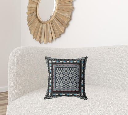 18" X 18" Black And Blue Floral Blown Seam Suede Throw Pillow