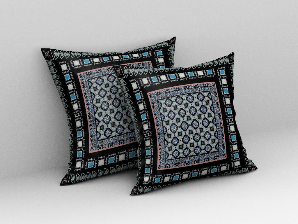 18" X 18" Black And Blue Floral Blown Seam Suede Throw Pillow