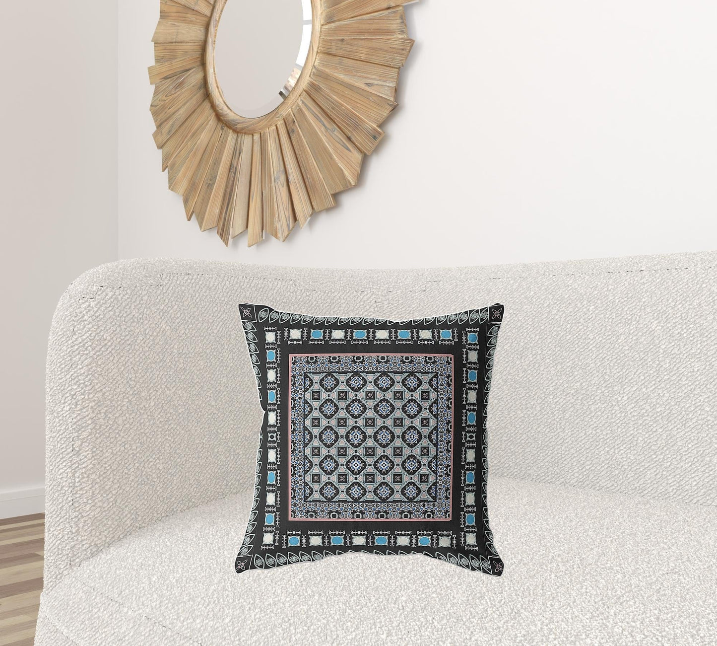 18" X 18" Black And Blue Floral Blown Seam Suede Throw Pillow