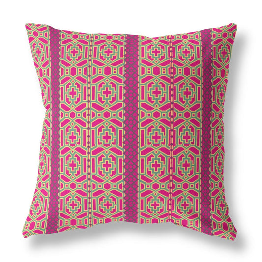18" X 18" Pink And Green Geometric Blown Seam Suede Throw Pillow