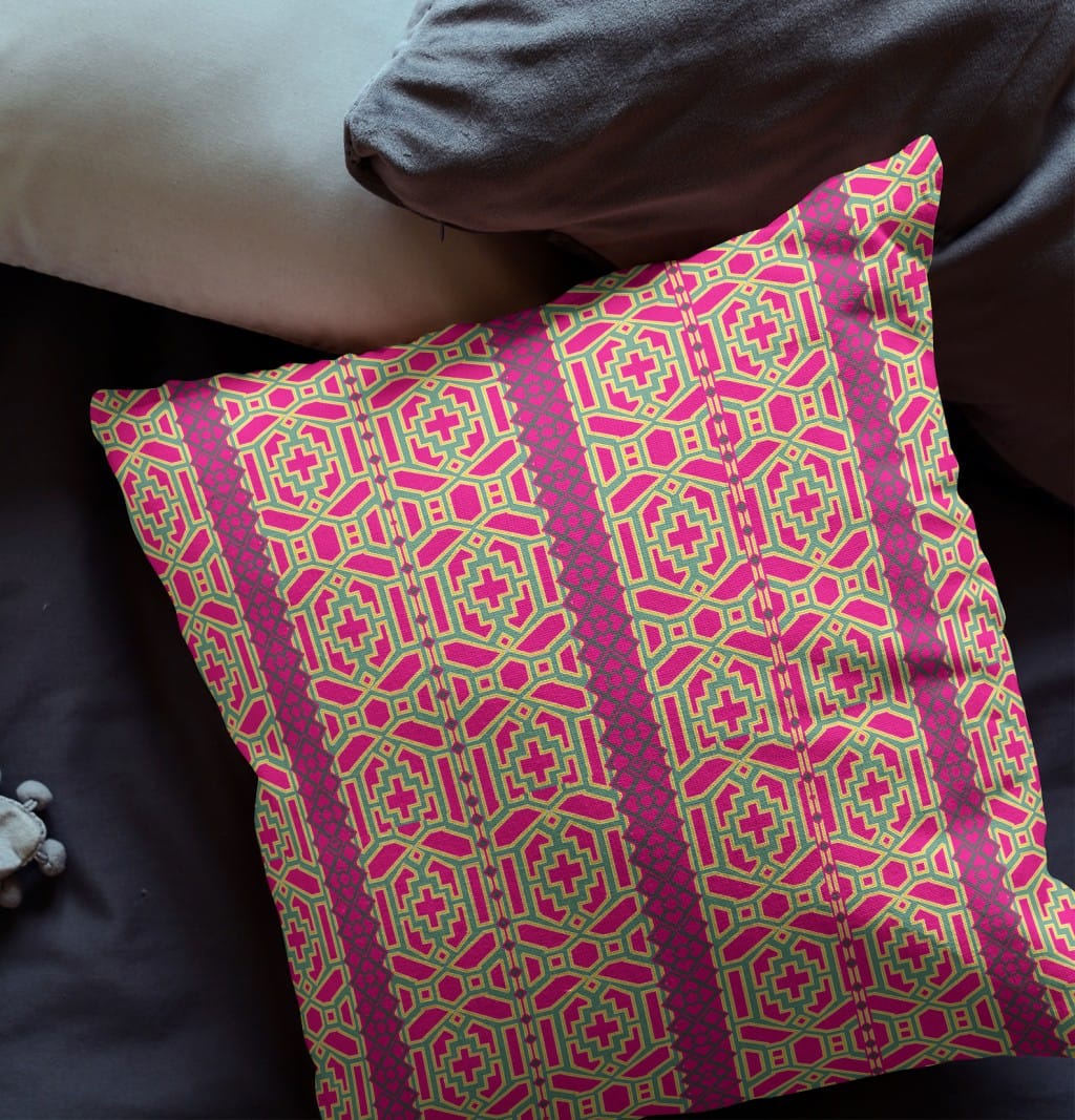 18" X 18" Pink And Green Geometric Blown Seam Suede Throw Pillow