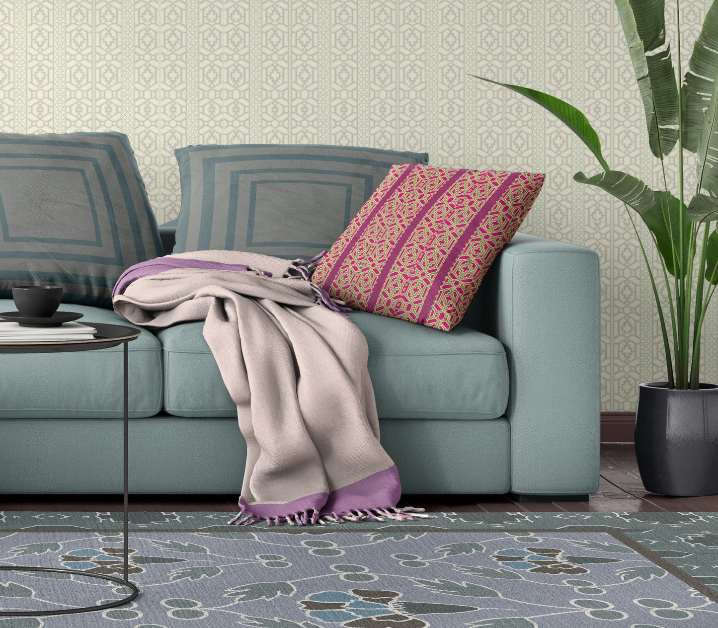 18" X 18" Pink And Green Geometric Blown Seam Suede Throw Pillow