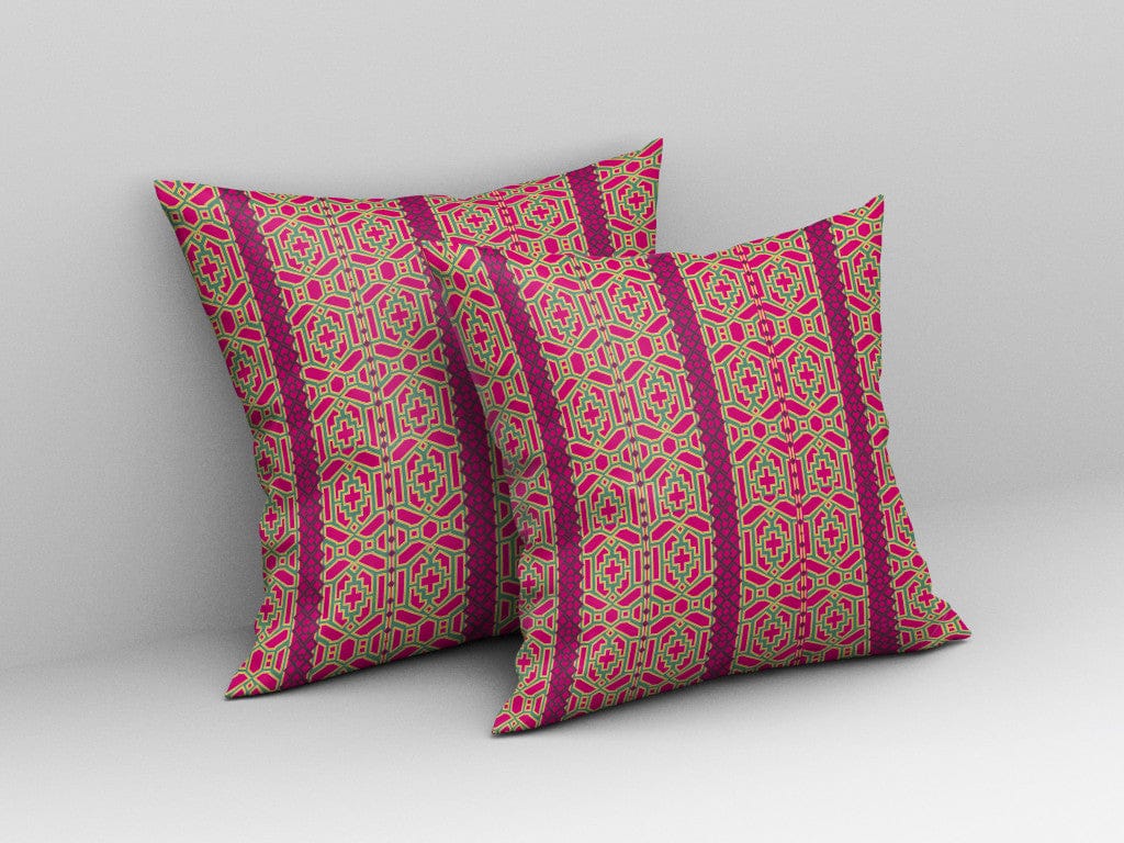 18" X 18" Pink And Green Geometric Blown Seam Suede Throw Pillow