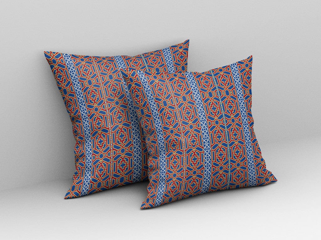 18" X 18" Blue And Red Geometric Blown Seam Suede Throw Pillow