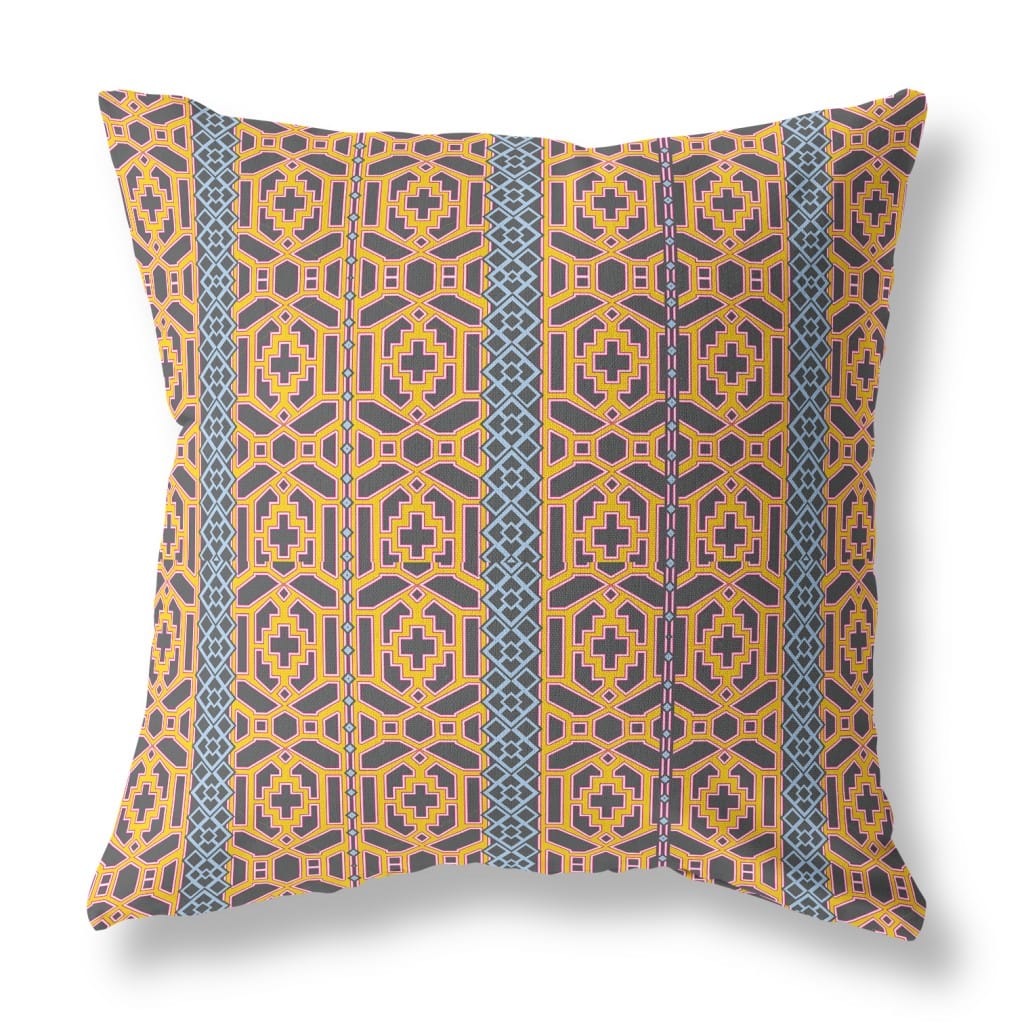 16" X 16" Brown And Yellow Geometric Blown Seam Suede Throw Pillow