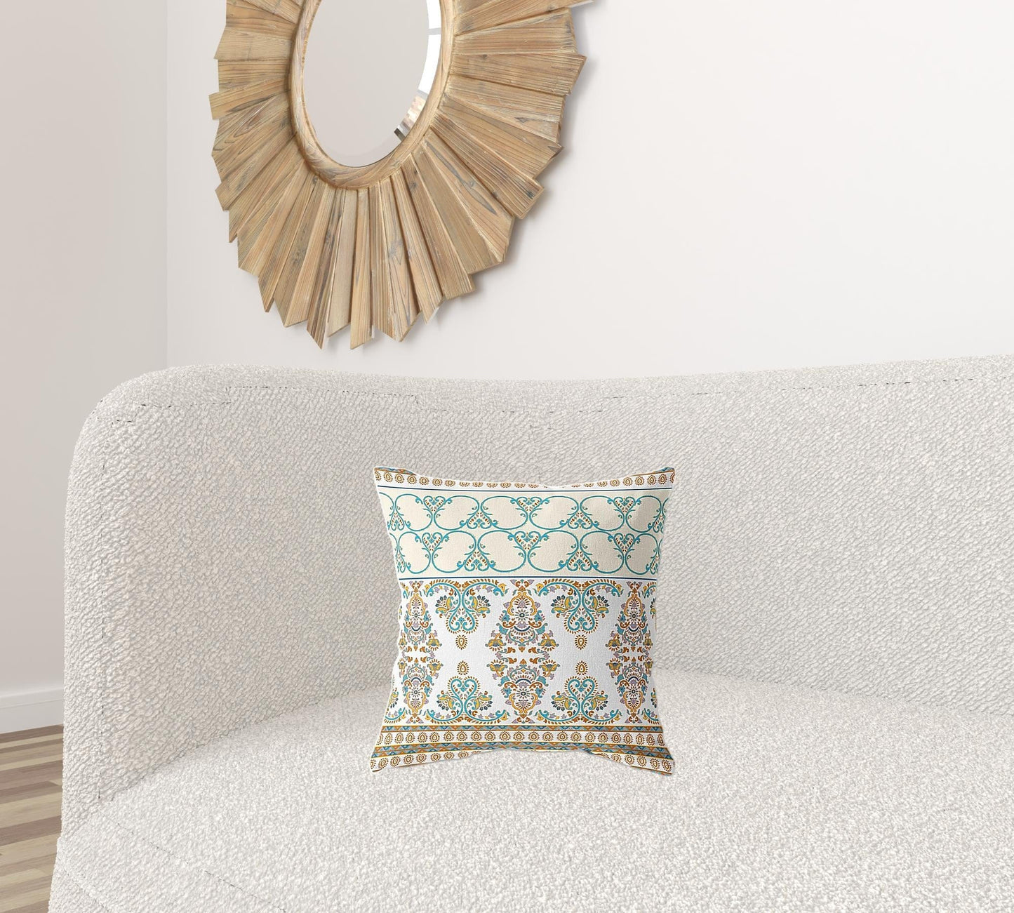 16" X 16" Orange And Teal Stencil Blown Seam Suede Throw Pillow