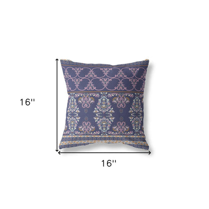 16" X 16" Blue And Pink Stencil Blown Seam Suede Throw Pillow