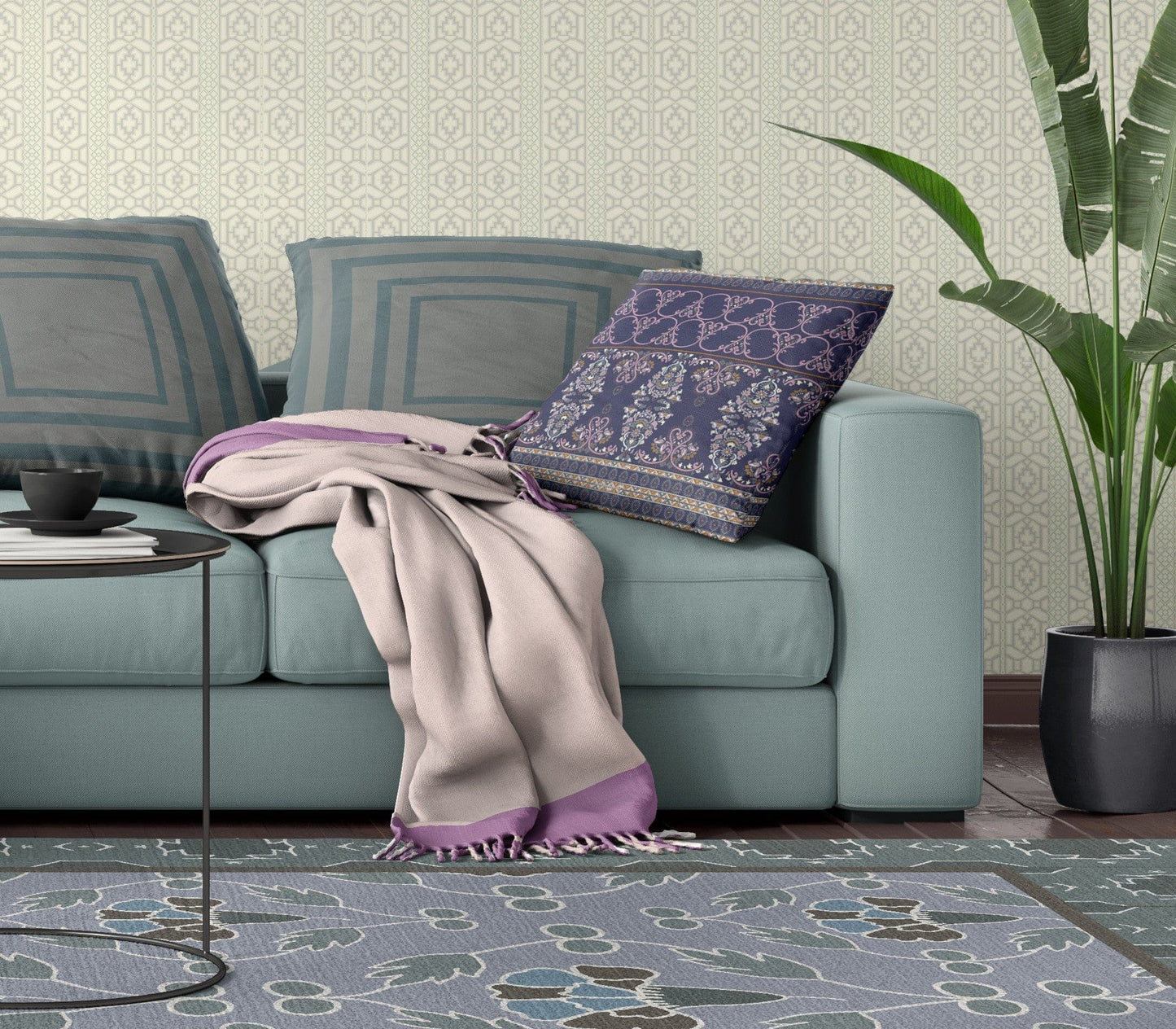 18" X 18" Blue And Pink Stencil Blown Seam Suede Throw Pillow