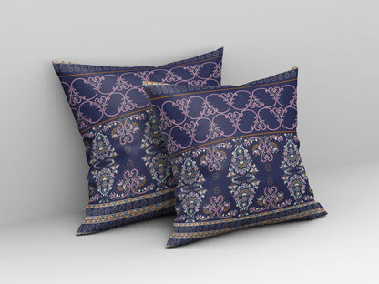 18" X 18" Blue And Pink Stencil Blown Seam Suede Throw Pillow