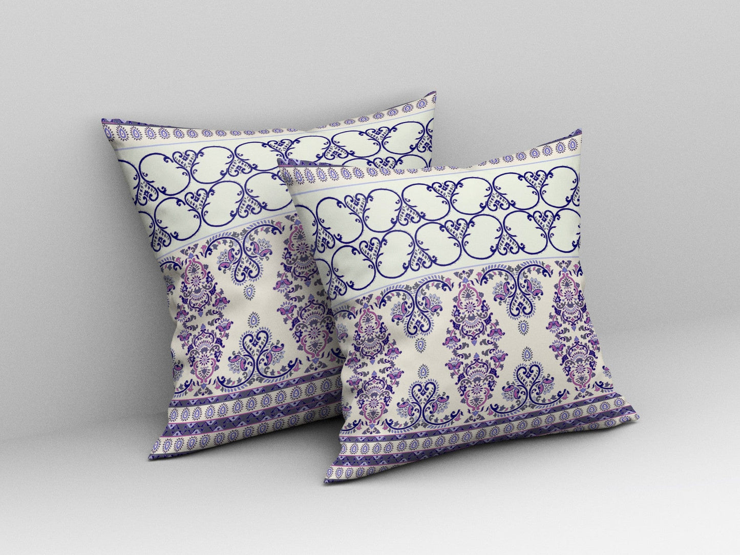 16" X 16" White And Purple Stencil Blown Seam Suede Throw Pillow