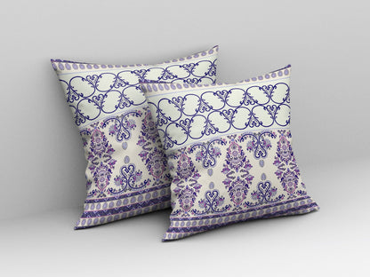 16" X 16" White And Purple Stencil Blown Seam Suede Throw Pillow