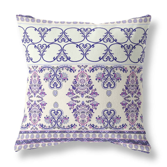 18" X 18" White And Purple Stencil Blown Seam Suede Throw Pillow