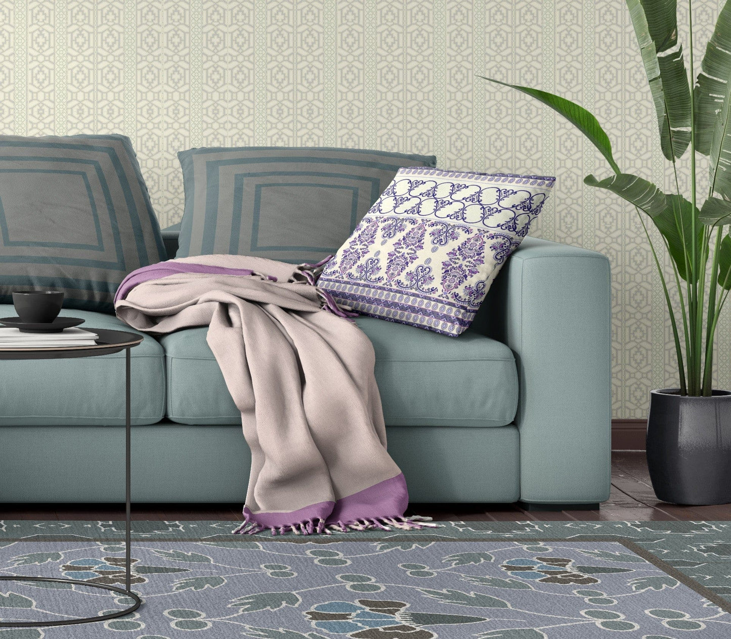 18" X 18" White And Purple Stencil Blown Seam Suede Throw Pillow