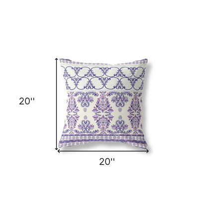 18" X 18" White And Purple Stencil Blown Seam Suede Throw Pillow