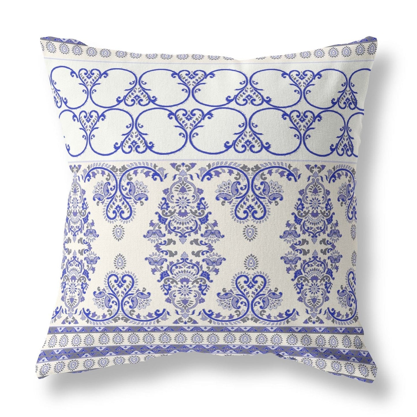 16" X 16" White And Blue Stencil Blown Seam Suede Throw Pillow