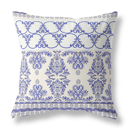 16" X 16" White And Blue Stencil Blown Seam Suede Throw Pillow