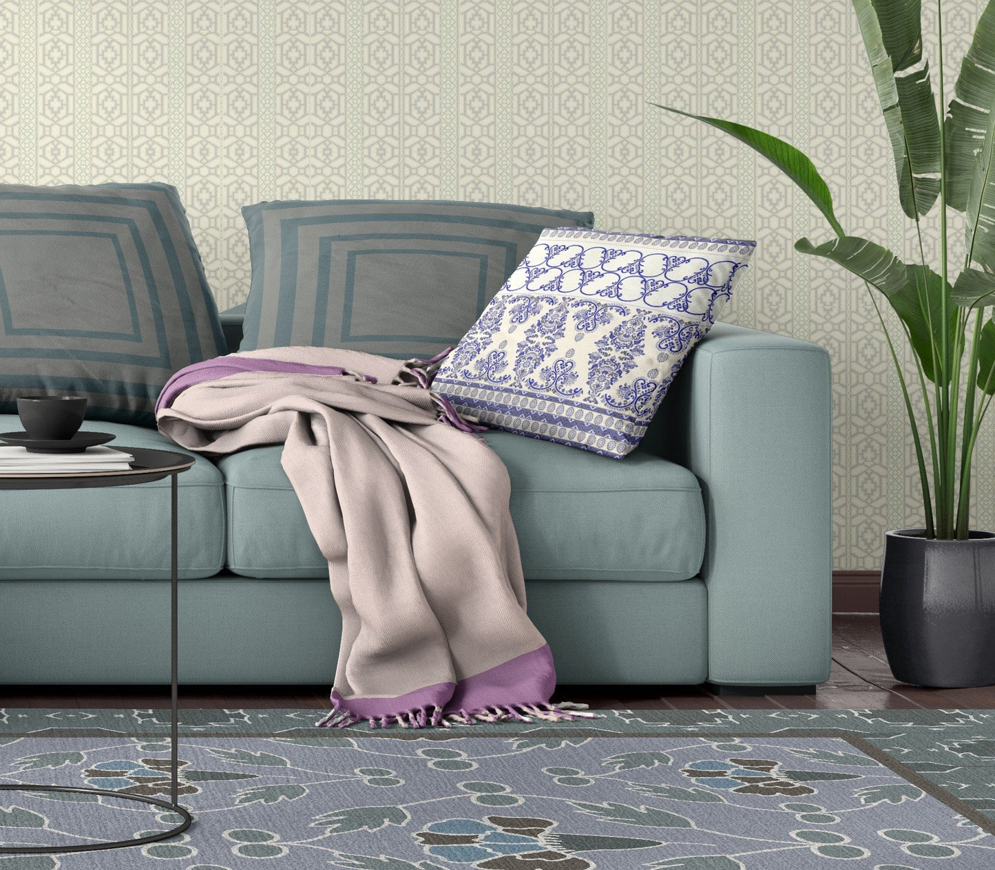 16" X 16" White And Blue Stencil Blown Seam Suede Throw Pillow