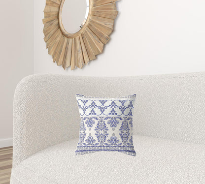 16" X 16" White And Blue Stencil Blown Seam Suede Throw Pillow