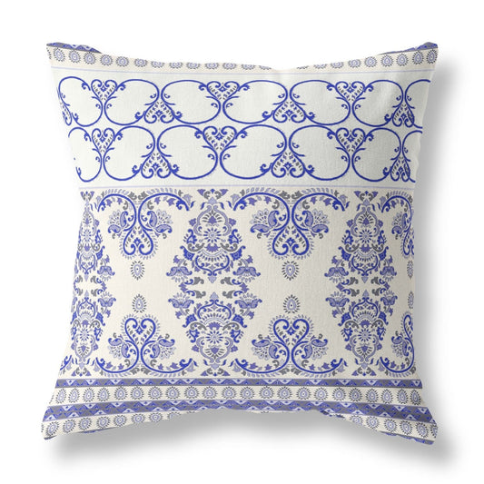 18" X 18" White And Blue Stencil Blown Seam Suede Throw Pillow
