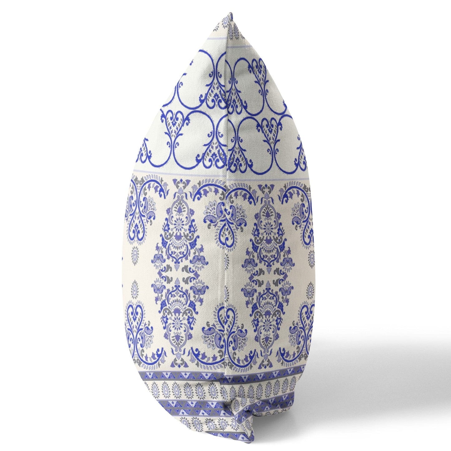 18" X 18" White And Blue Stencil Blown Seam Suede Throw Pillow