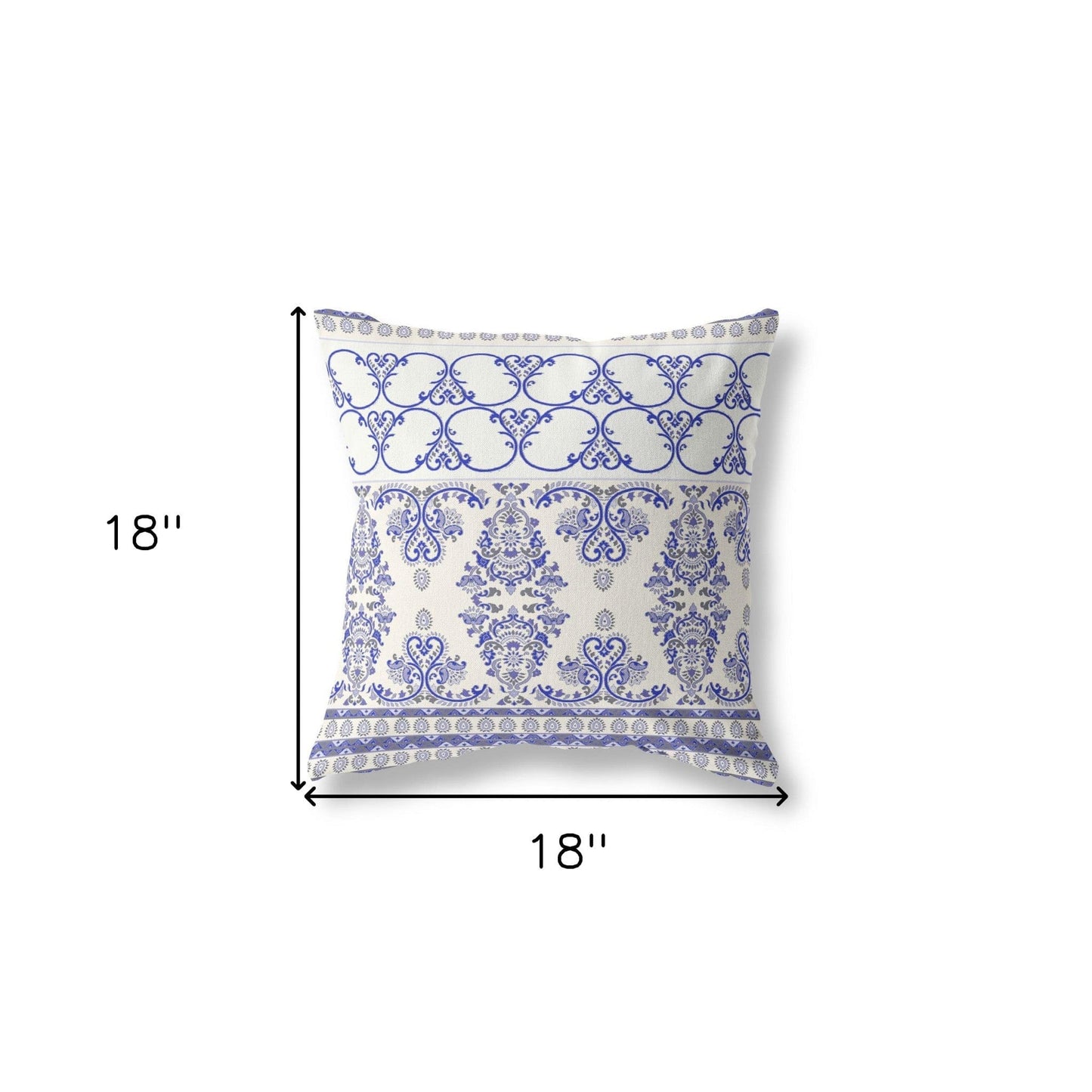 18" X 18" White And Blue Stencil Blown Seam Suede Throw Pillow