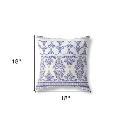 18" X 18" White And Blue Stencil Blown Seam Suede Throw Pillow