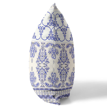 18" X 18" White And Blue Stencil Blown Seam Suede Throw Pillow