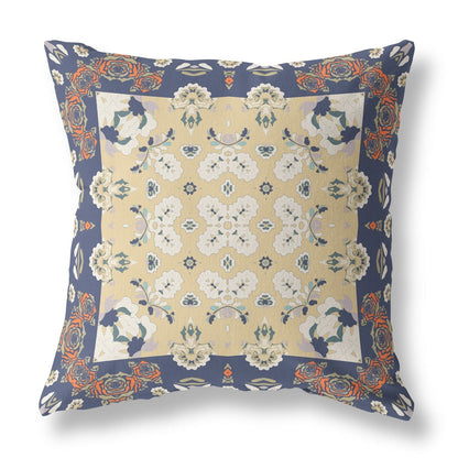 16" X 16" Blue Yellow Floral Blown Seam Suede Throw Pillow