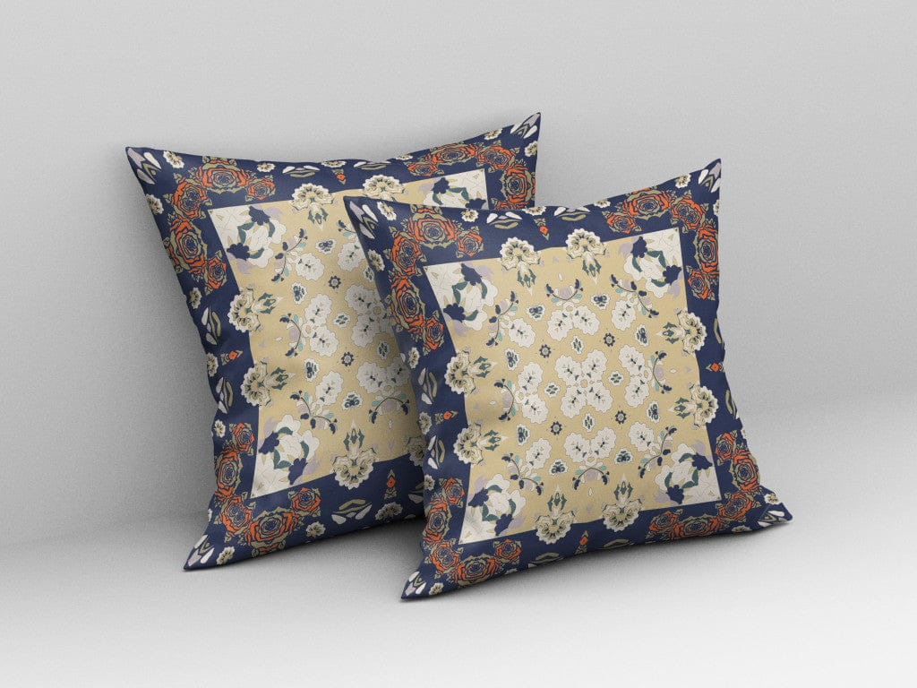 16" X 16" Blue Yellow Floral Blown Seam Suede Throw Pillow