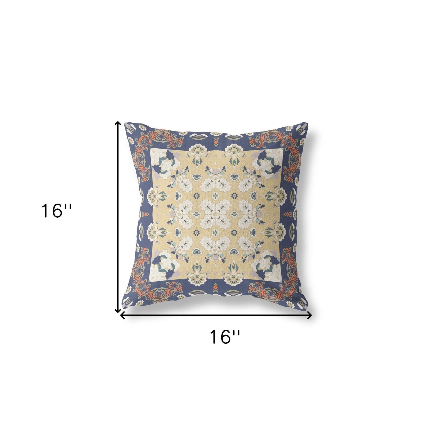 16" X 16" Blue Yellow Floral Blown Seam Suede Throw Pillow
