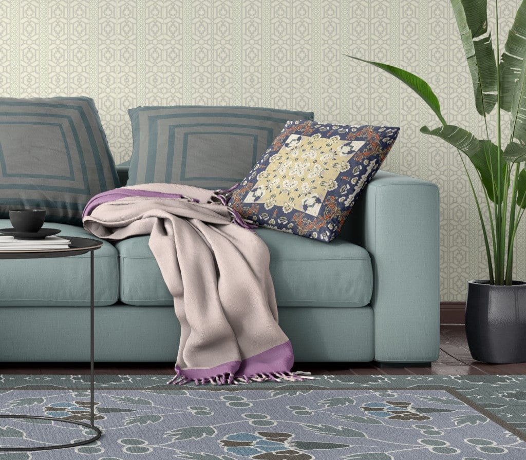 18" X 18" Blue Yellow Floral Blown Seam Suede Throw Pillow