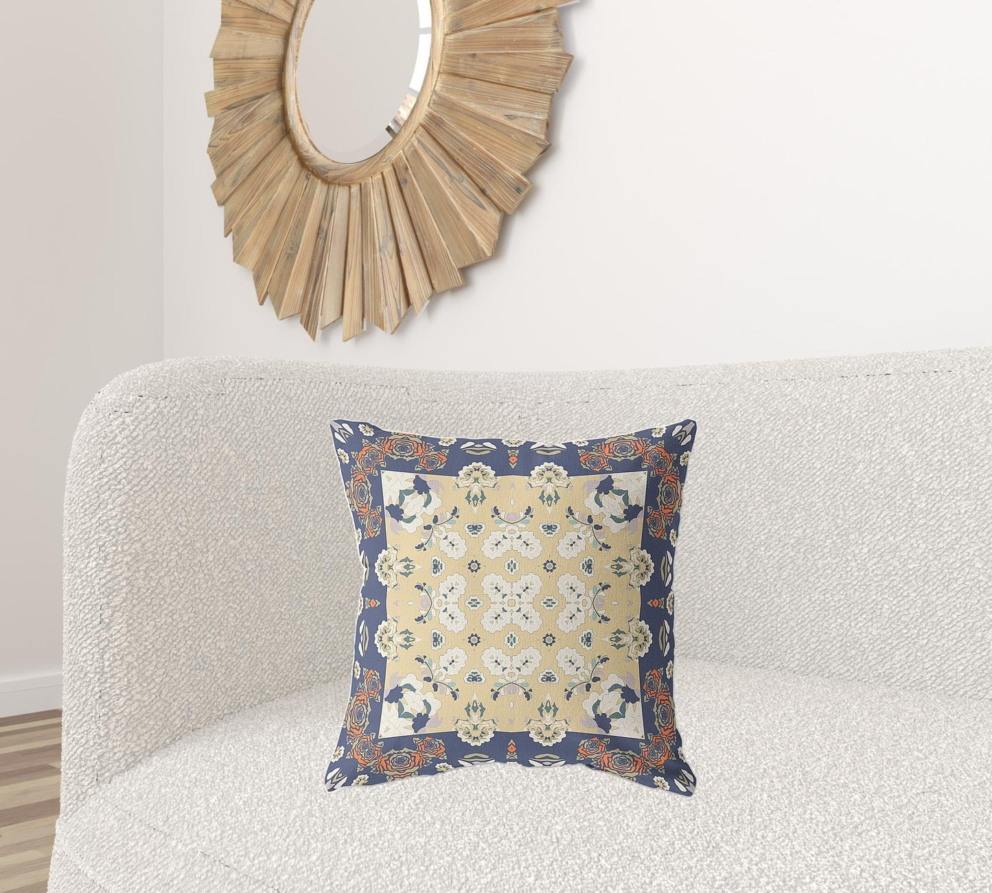 18" X 18" Blue Yellow Floral Blown Seam Suede Throw Pillow