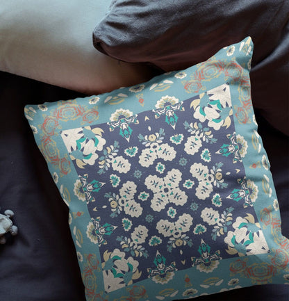 16" X 16" Gray And Blue Floral Blown Seam Suede Throw Pillow